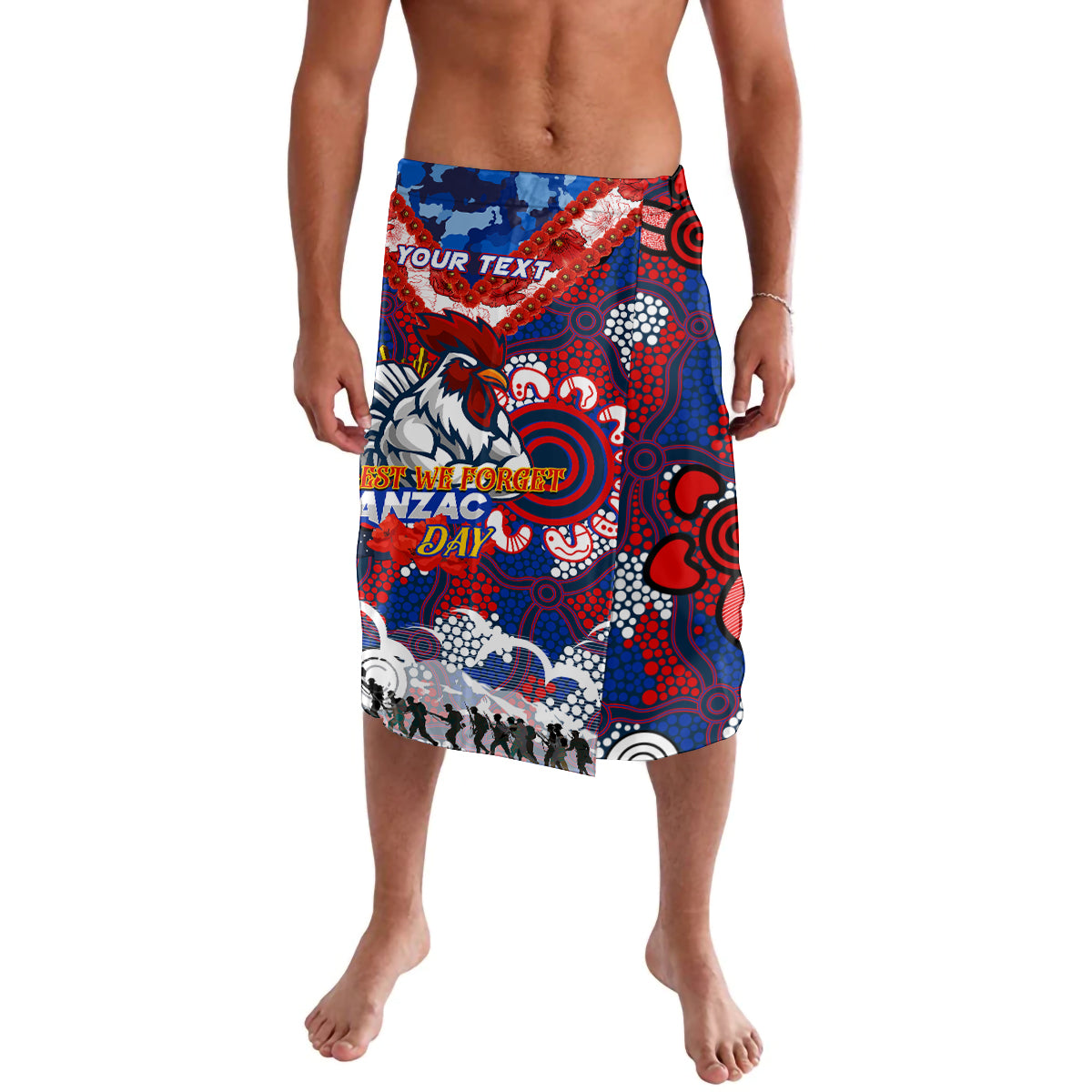 Personalised Roosters ANZAC Day Lavalava Aboriginal Rising Sun