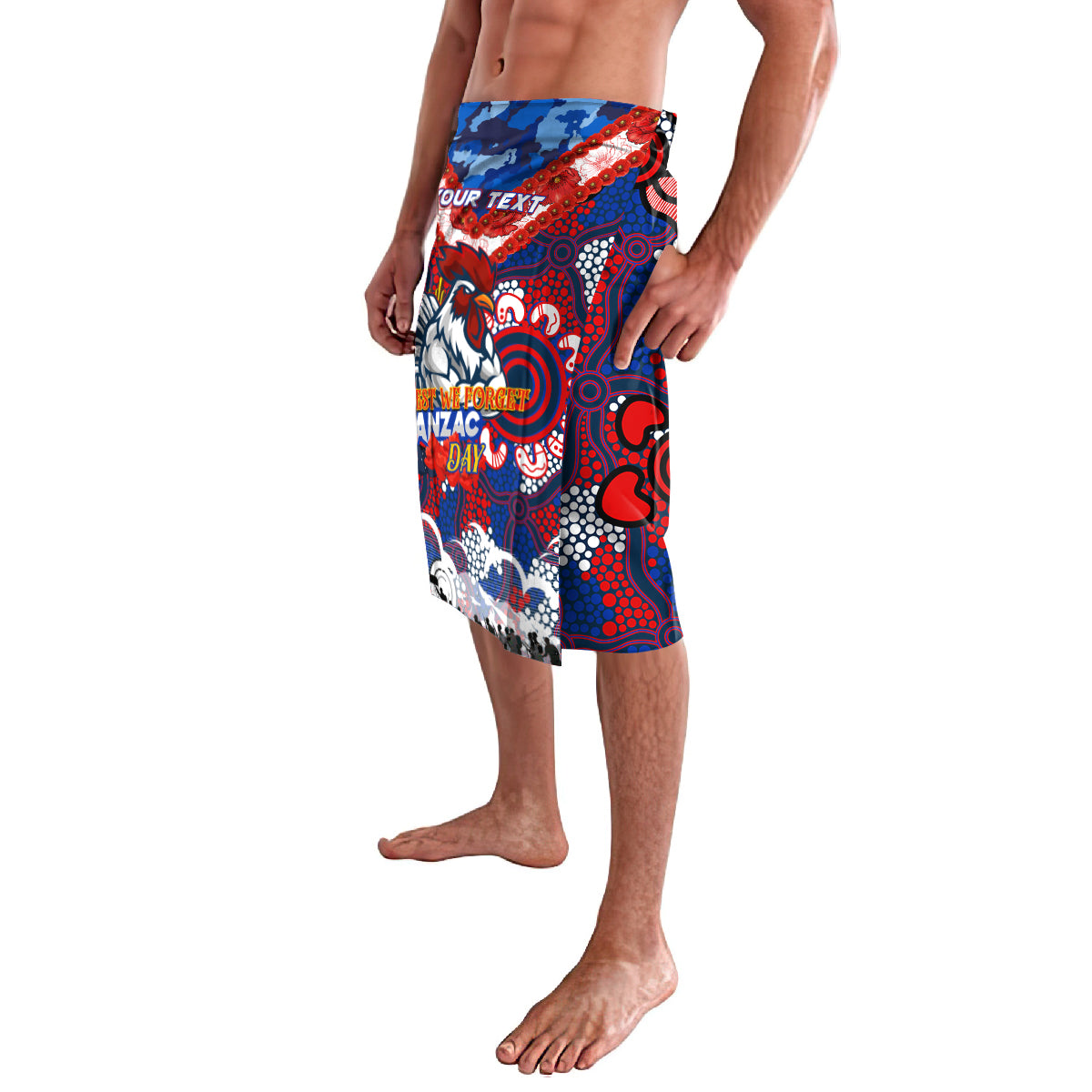 Personalised Roosters ANZAC Day Lavalava Aboriginal Rising Sun