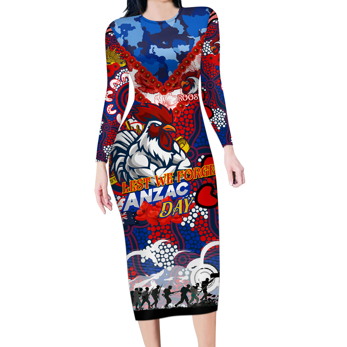 Personalised Roosters ANZAC Day Long Sleeve Bodycon Dress Aboriginal Rising Sun