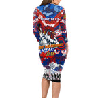 Personalised Roosters ANZAC Day Long Sleeve Bodycon Dress Aboriginal Rising Sun