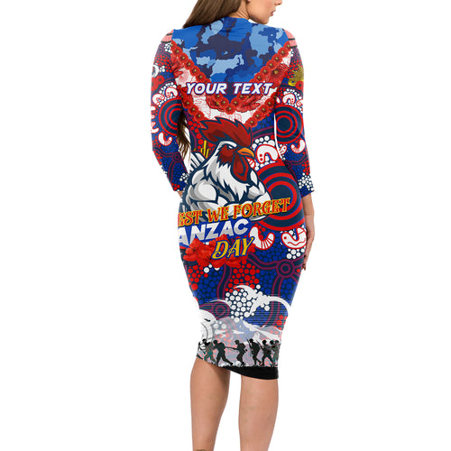Personalised Roosters ANZAC Day Long Sleeve Bodycon Dress Aboriginal Rising Sun