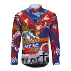 Personalised Roosters ANZAC Day Long Sleeve Button Shirt Aboriginal Rising Sun