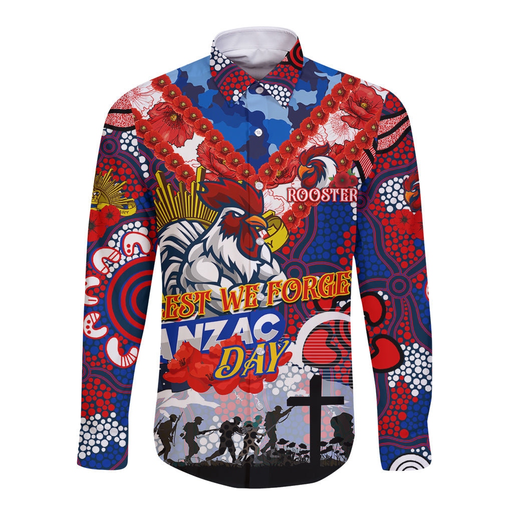 Personalised Roosters ANZAC Day Long Sleeve Button Shirt Aboriginal Rising Sun