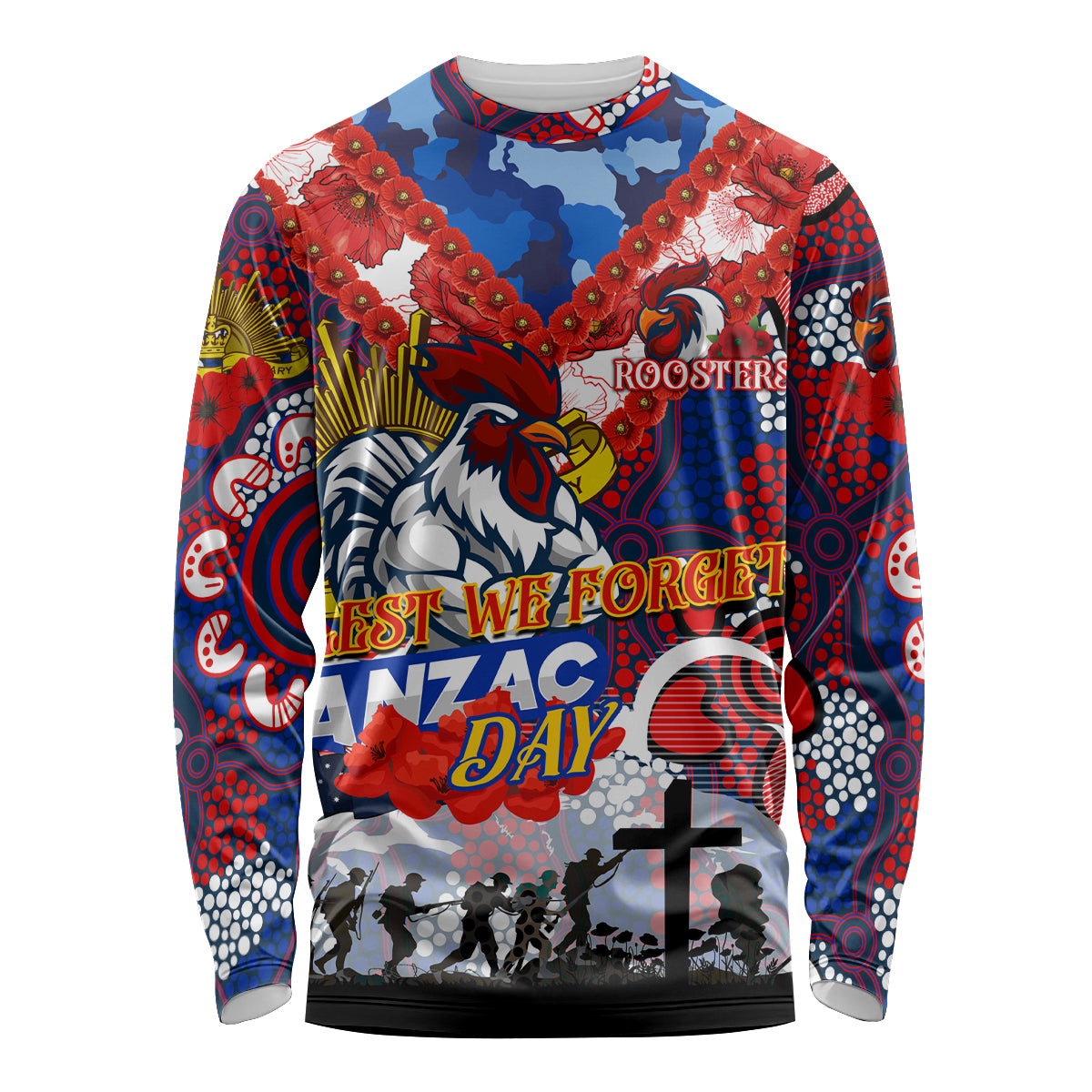 Personalised Roosters ANZAC Day Long Sleeve Shirt Aboriginal Rising Sun