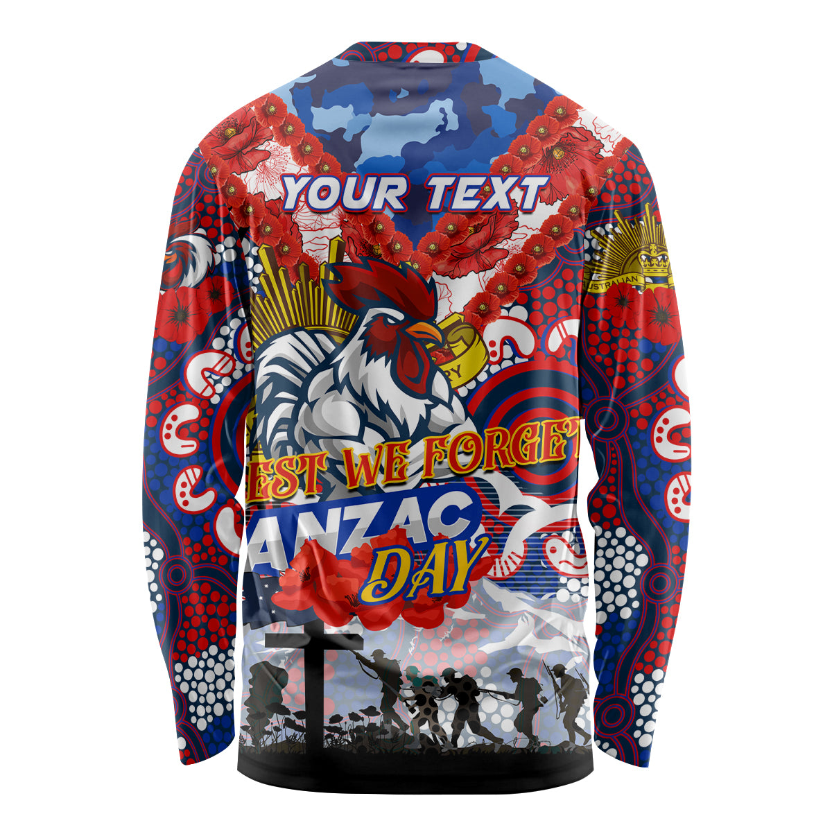 Personalised Roosters ANZAC Day Long Sleeve Shirt Aboriginal Rising Sun