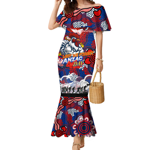 Personalised Roosters ANZAC Day Mermaid Dress Aboriginal Rising Sun