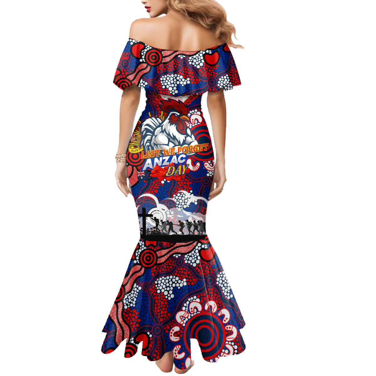 Personalised Roosters ANZAC Day Mermaid Dress Aboriginal Rising Sun