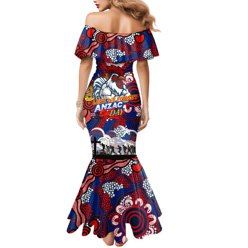 Personalised Roosters ANZAC Day Mermaid Dress Aboriginal Rising Sun