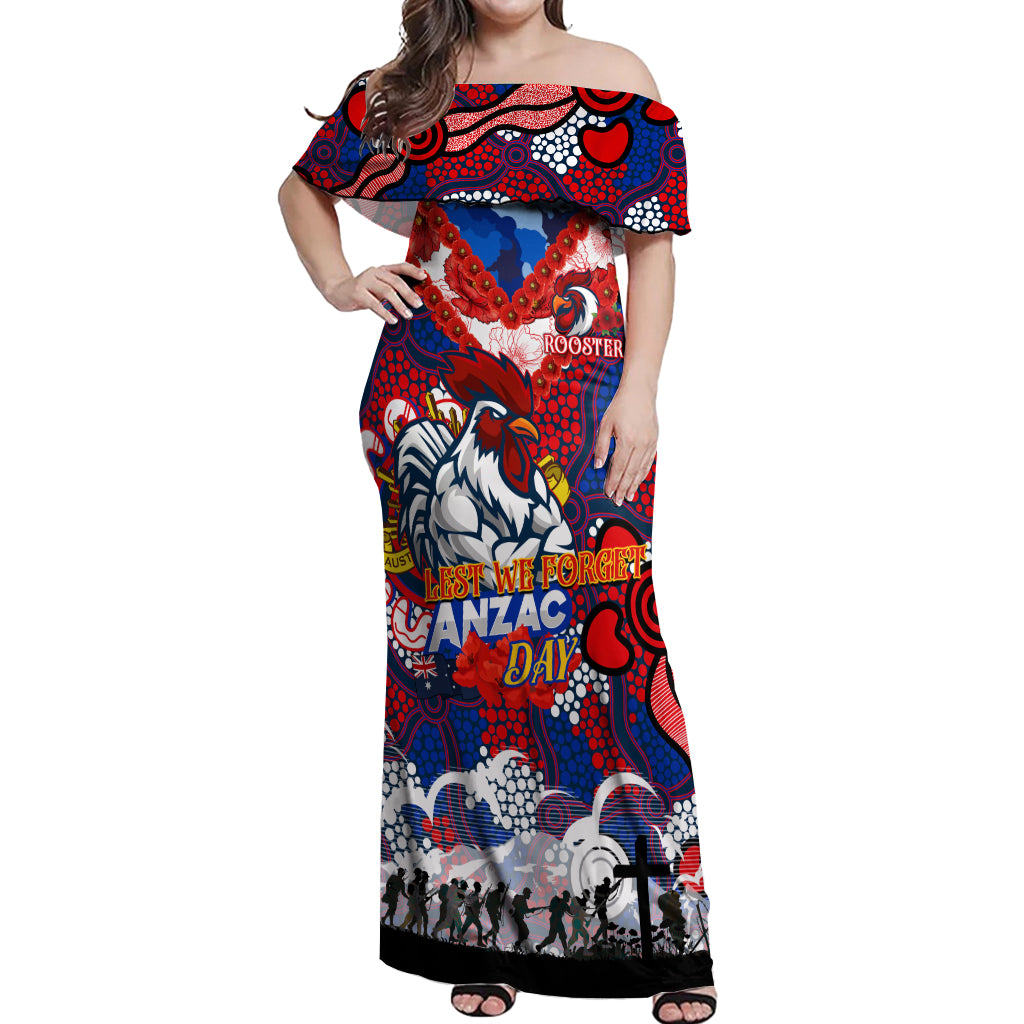 Personalised Roosters ANZAC Day Off Shoulder Maxi Dress Aboriginal Rising Sun