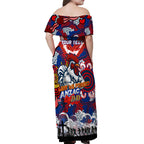 Personalised Roosters ANZAC Day Off Shoulder Maxi Dress Aboriginal Rising Sun