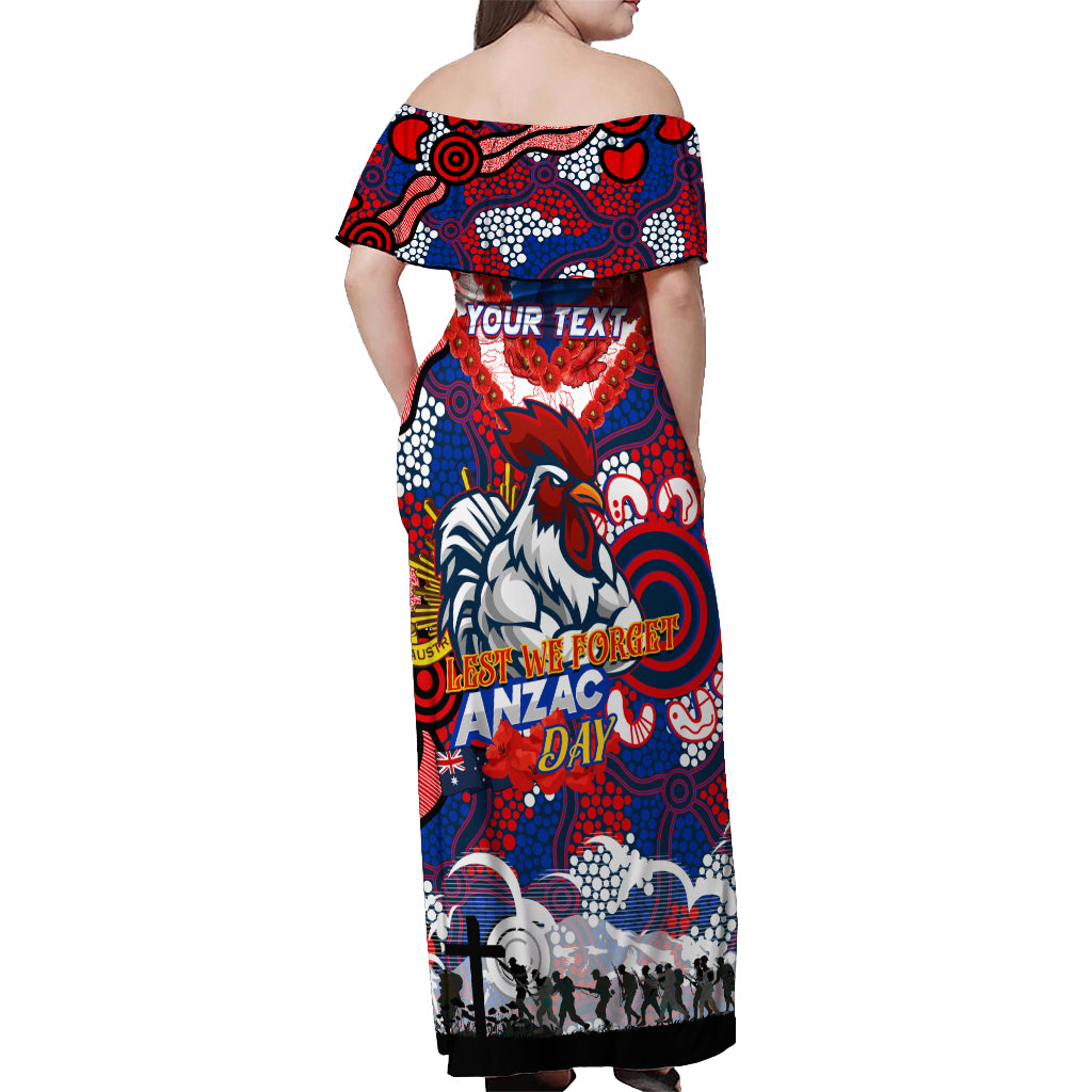 Personalised Roosters ANZAC Day Off Shoulder Maxi Dress Aboriginal Rising Sun