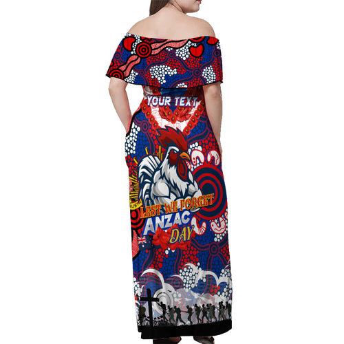 Personalised Roosters ANZAC Day Off Shoulder Maxi Dress Aboriginal Rising Sun