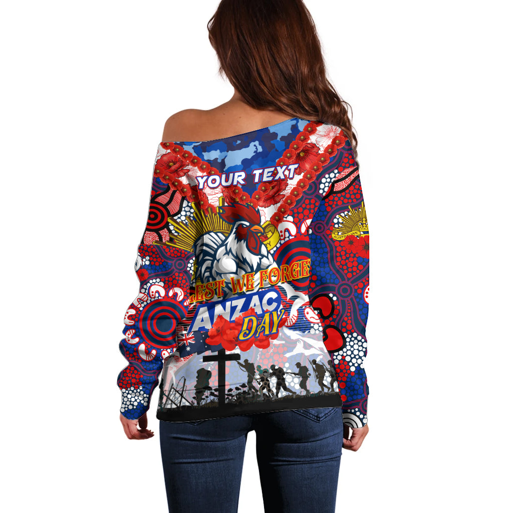 Personalised Roosters ANZAC Day Off Shoulder Sweater Aboriginal Rising Sun