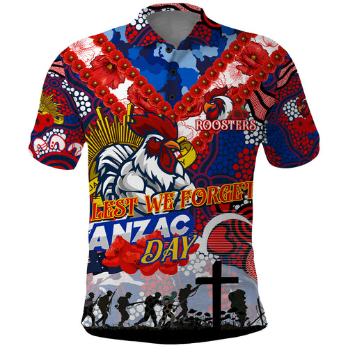 Personalised Roosters ANZAC Day Polo Shirt Aboriginal Rising Sun