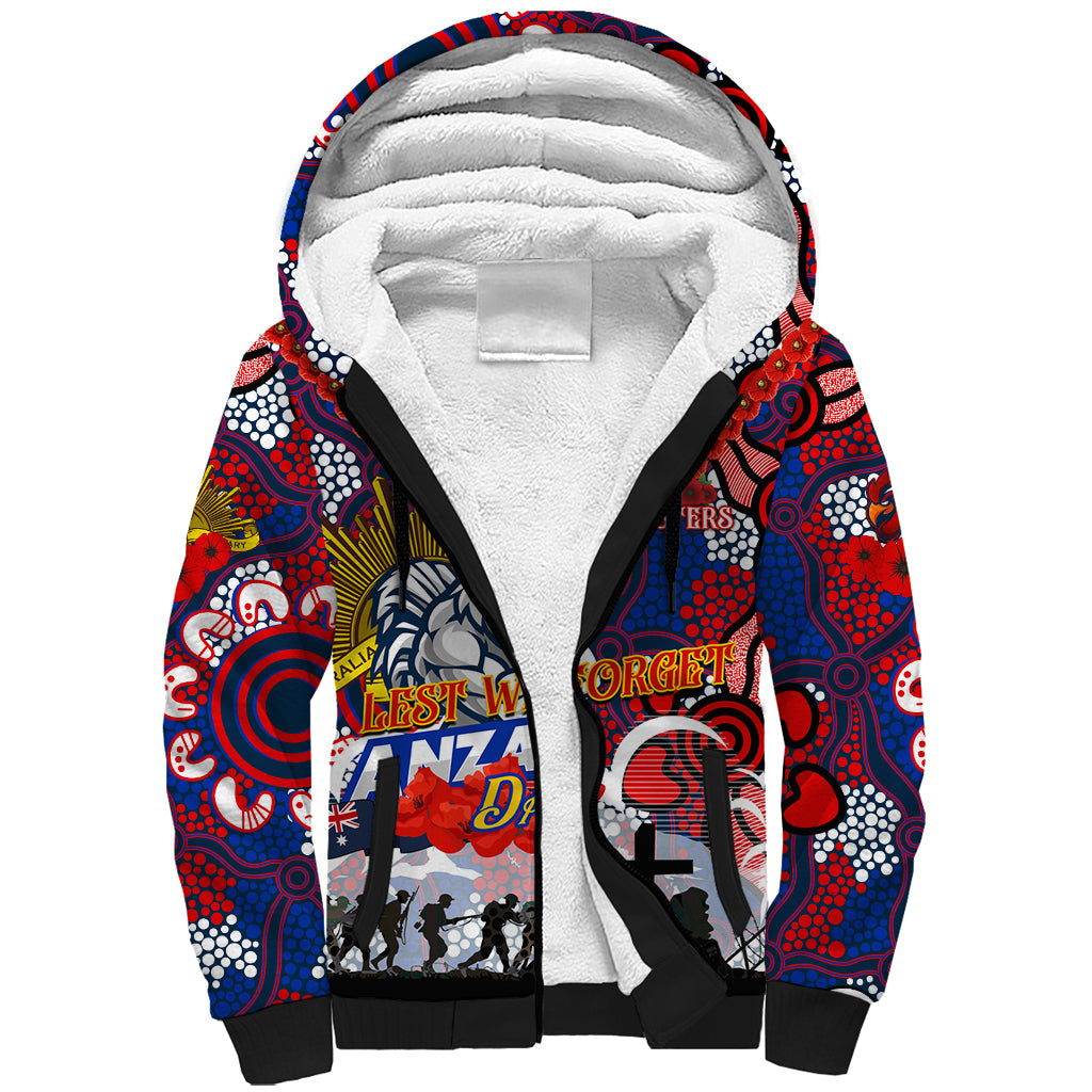 Personalised Roosters ANZAC Day Sherpa Hoodie Aboriginal Rising Sun