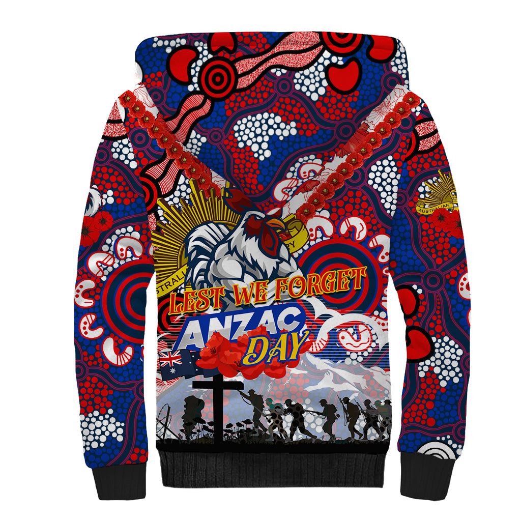 Personalised Roosters ANZAC Day Sherpa Hoodie Aboriginal Rising Sun