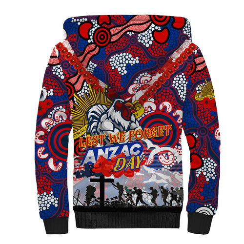 Personalised Roosters ANZAC Day Sherpa Hoodie Aboriginal Rising Sun