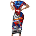 Personalised Roosters ANZAC Day Short Sleeve Bodycon Dress Aboriginal Rising Sun