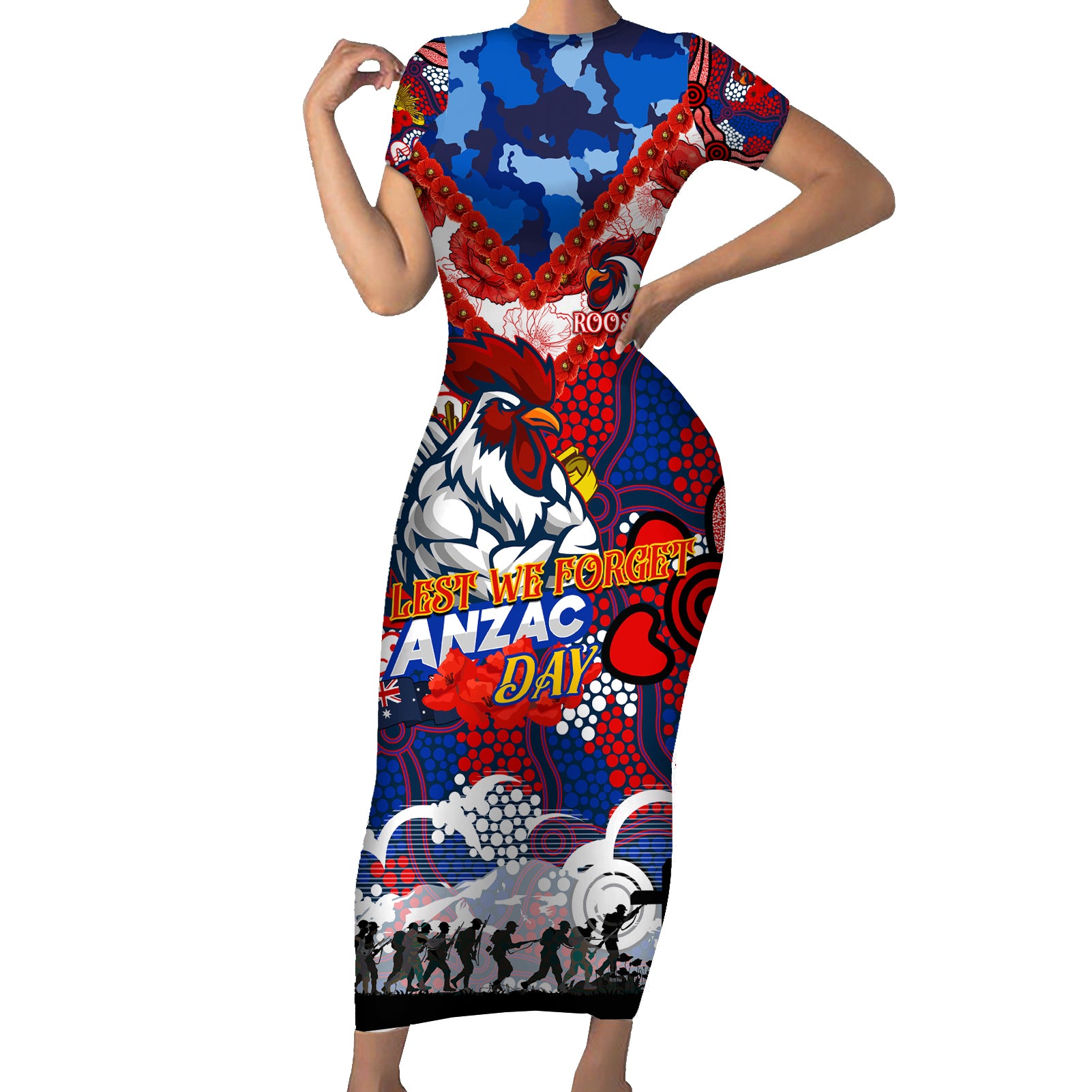 Personalised Roosters ANZAC Day Short Sleeve Bodycon Dress Aboriginal Rising Sun