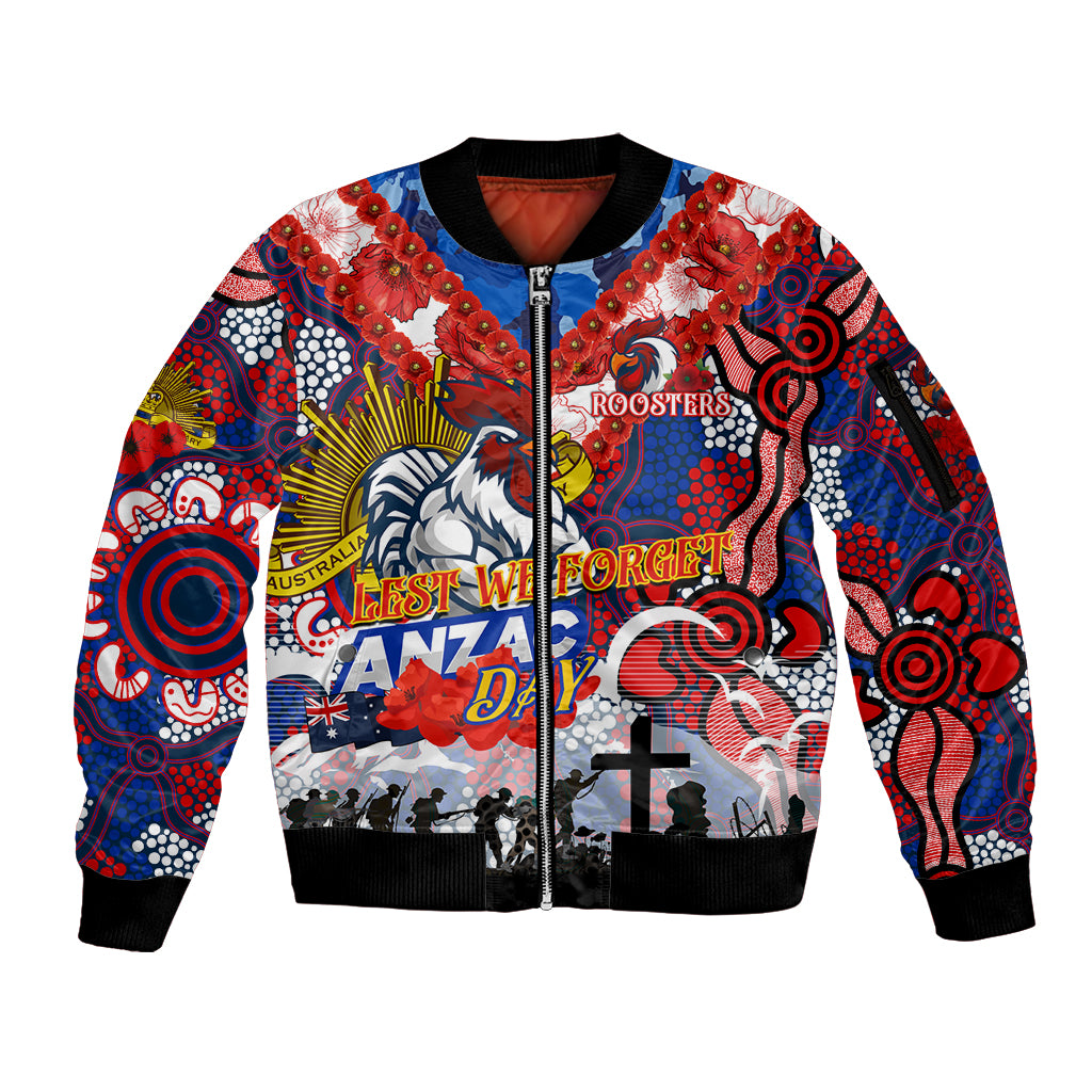 Personalised Roosters ANZAC Day Sleeve Zip Bomber Jacket Aboriginal Rising Sun