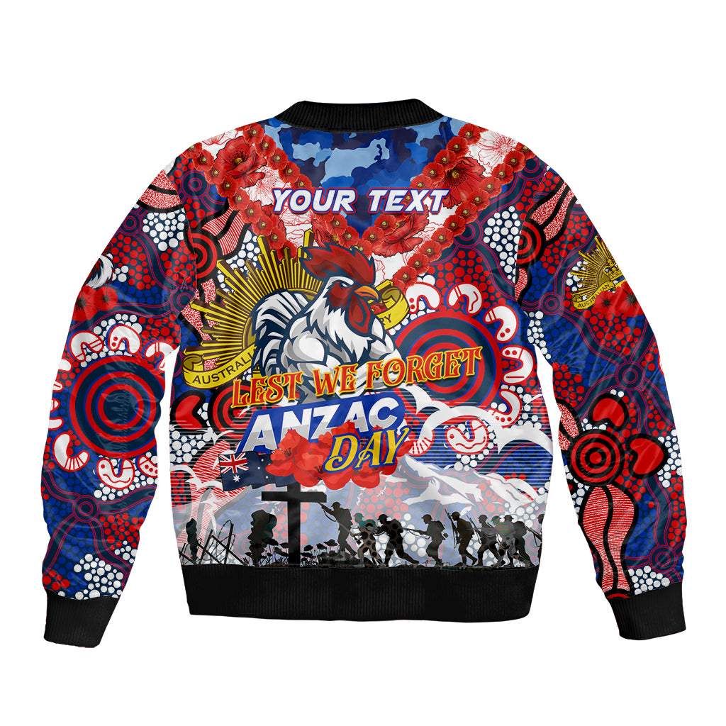 Personalised Roosters ANZAC Day Sleeve Zip Bomber Jacket Aboriginal Rising Sun