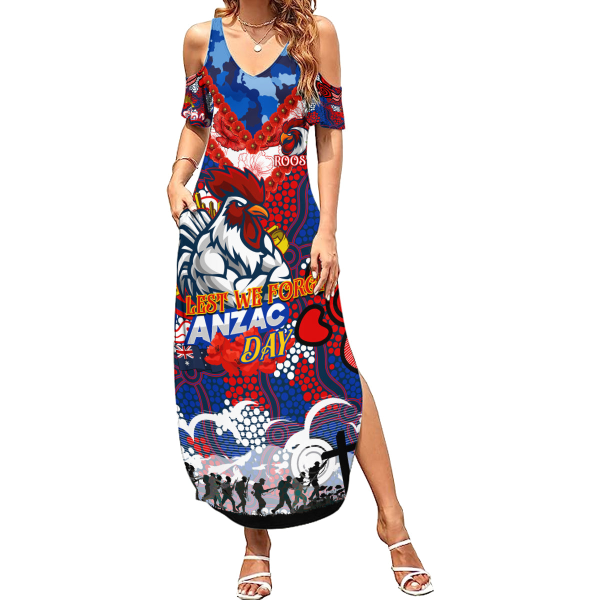 Personalised Roosters ANZAC Day Summer Maxi Dress Aboriginal Rising Sun