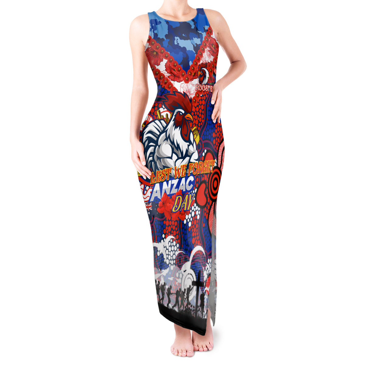 Personalised Roosters ANZAC Day Tank Maxi Dress Aboriginal Rising Sun
