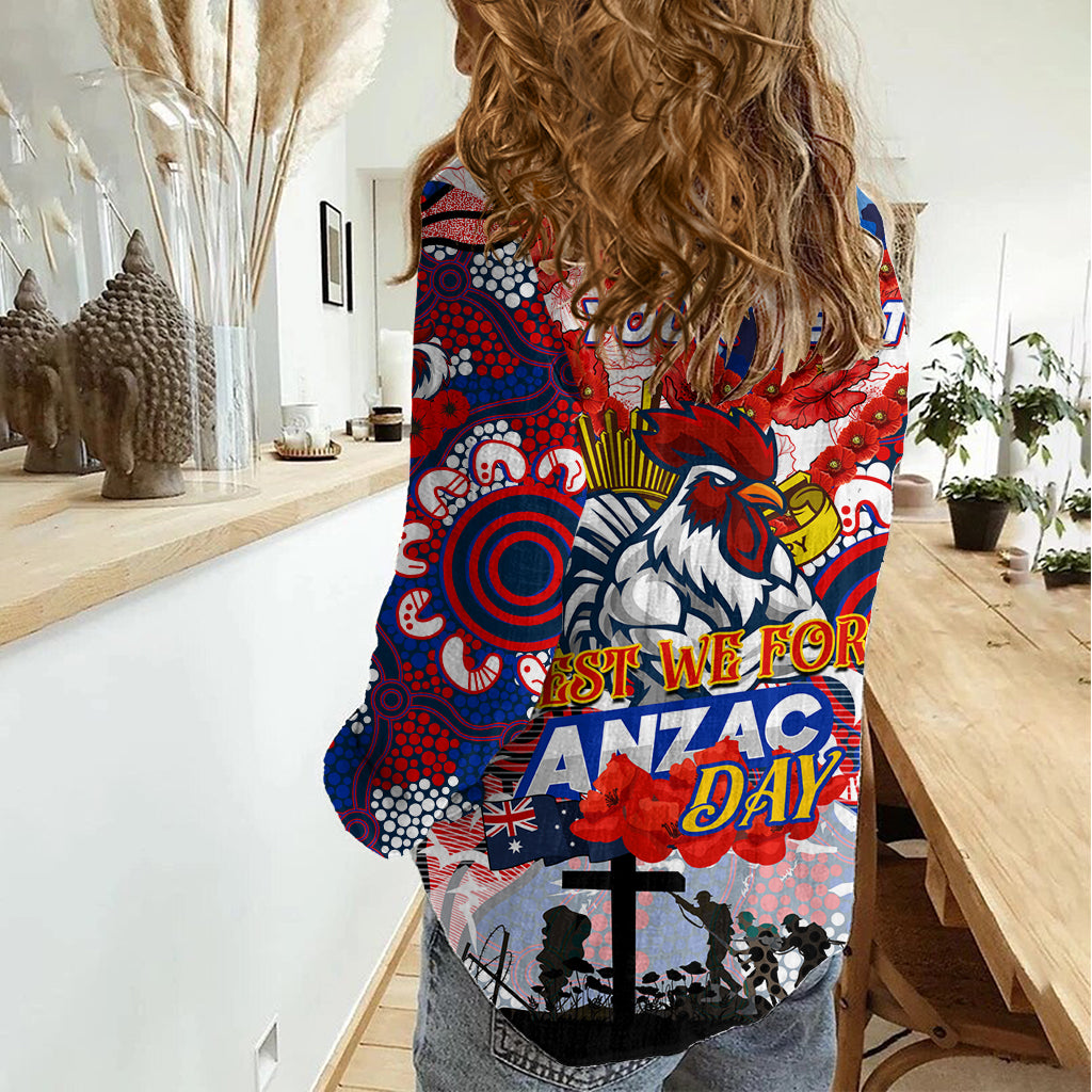 Personalised Roosters ANZAC Day Women Casual Shirt Aboriginal Rising Sun