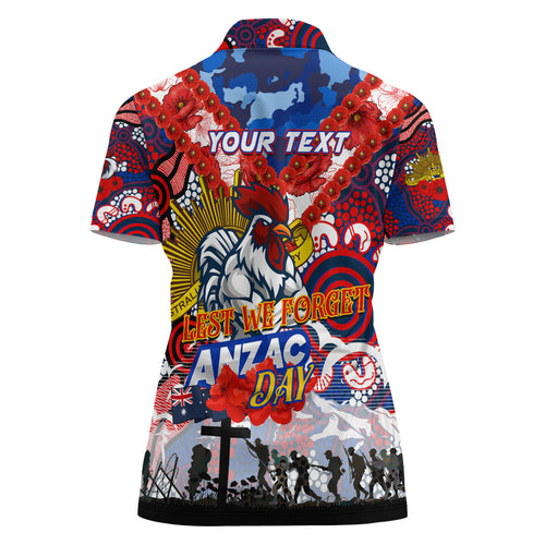 Personalised Roosters ANZAC Day Women Polo Shirt Aboriginal Rising Sun