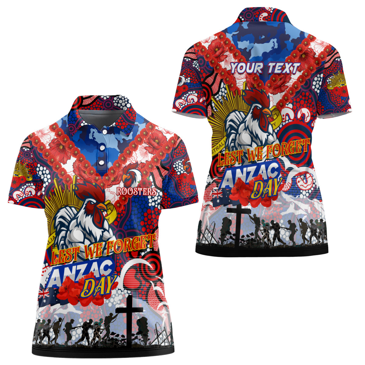 Personalised Roosters ANZAC Day Women Polo Shirt Aboriginal Rising Sun