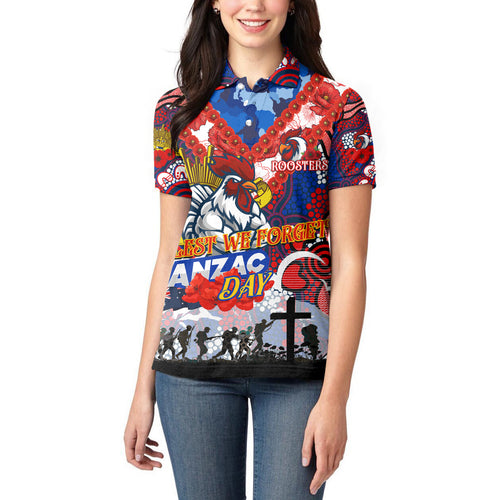 Personalised Roosters ANZAC Day Women Polo Shirt Aboriginal Rising Sun