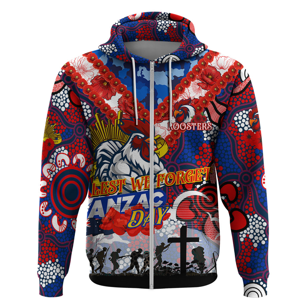 Personalised Roosters ANZAC Day Zip Hoodie Aboriginal Rising Sun