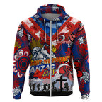 Personalised Roosters ANZAC Day Zip Hoodie Aboriginal Rising Sun