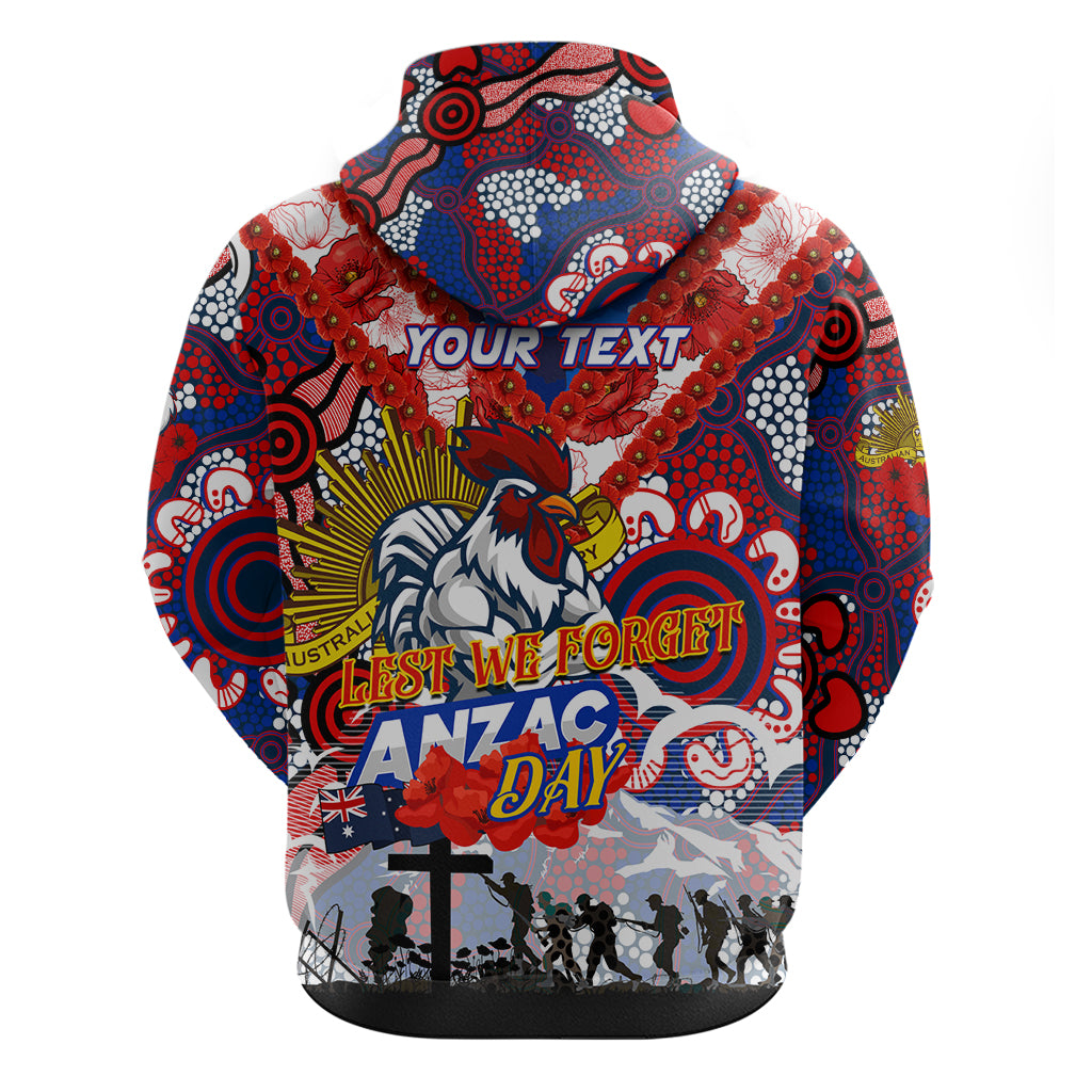 Personalised Roosters ANZAC Day Zip Hoodie Aboriginal Rising Sun