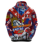 Personalised Roosters ANZAC Day Zip Hoodie Aboriginal Rising Sun