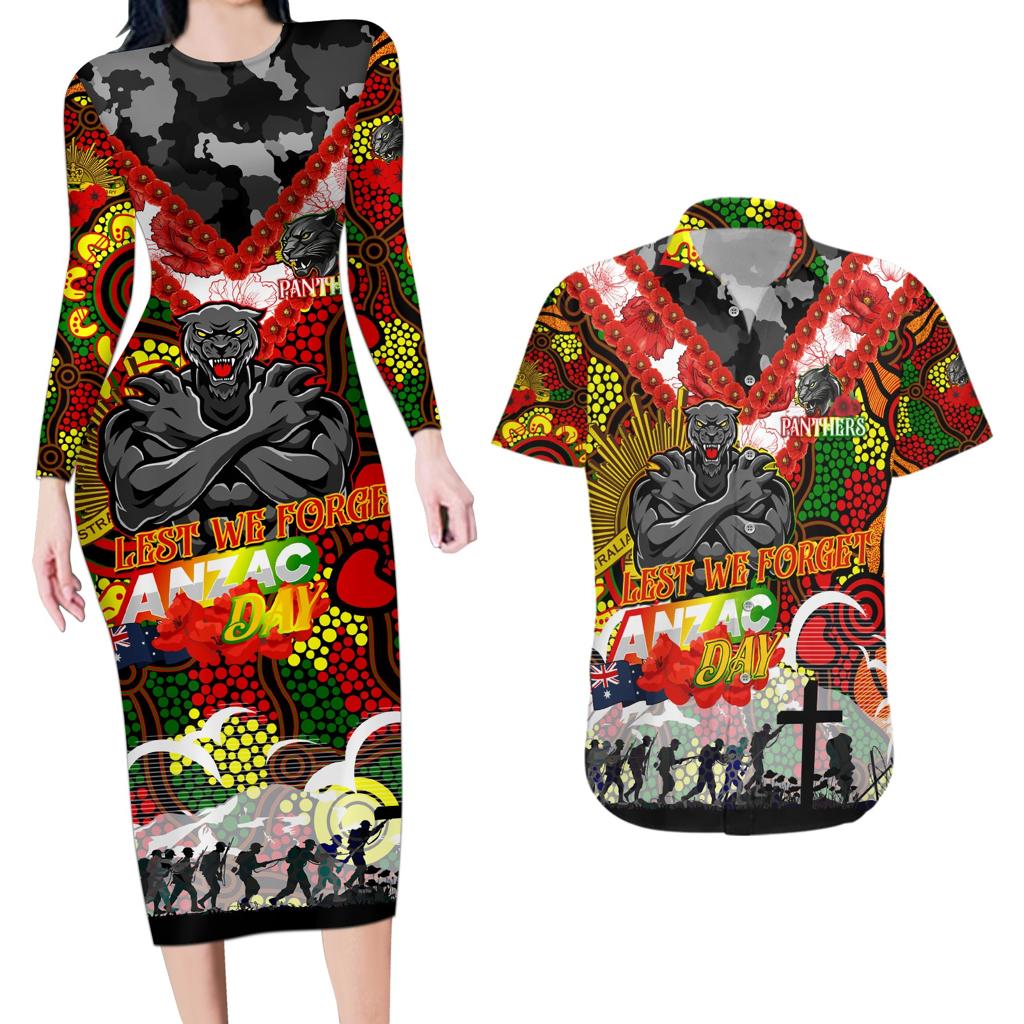Personalised Panthers ANZAC Day Couples Matching Long Sleeve Bodycon Dress and Hawaiian Shirt Aboriginal Rising Sun