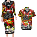Personalised Panthers ANZAC Day Couples Matching Long Sleeve Bodycon Dress and Hawaiian Shirt Aboriginal Rising Sun