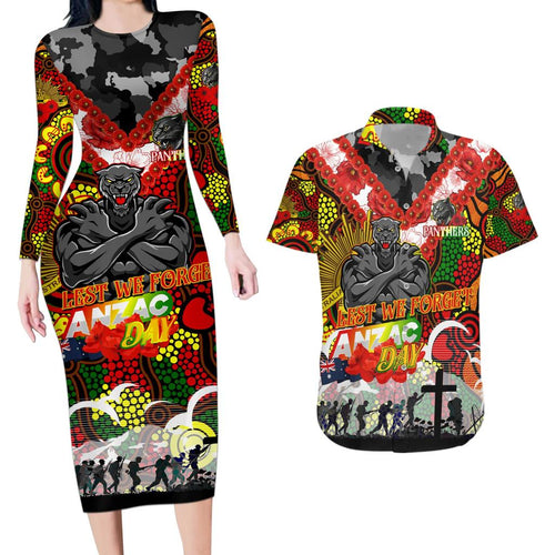 Personalised Panthers ANZAC Day Couples Matching Long Sleeve Bodycon Dress and Hawaiian Shirt Aboriginal Rising Sun