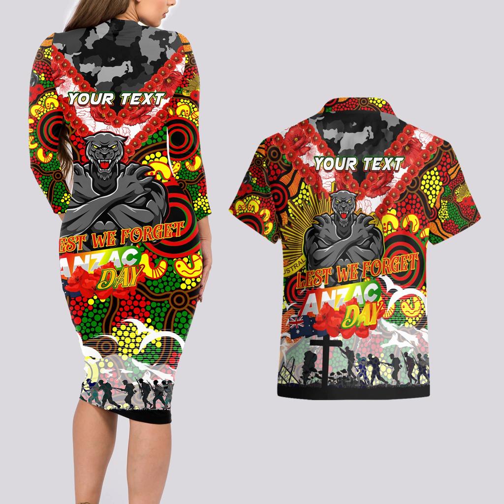 Personalised Panthers ANZAC Day Couples Matching Long Sleeve Bodycon Dress and Hawaiian Shirt Aboriginal Rising Sun