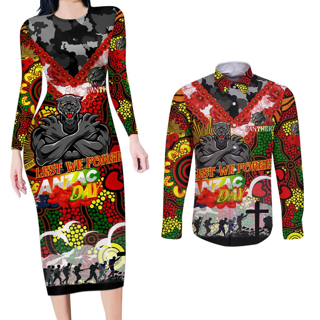 Personalised Panthers ANZAC Day Couples Matching Long Sleeve Bodycon Dress and Long Sleeve Button Shirt Aboriginal Rising Sun