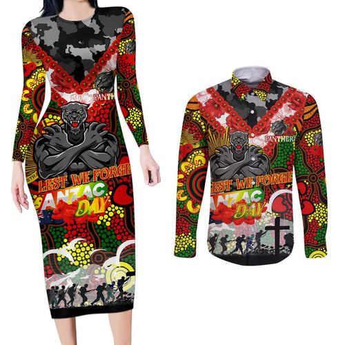 Personalised Panthers ANZAC Day Couples Matching Long Sleeve Bodycon Dress and Long Sleeve Button Shirt Aboriginal Rising Sun