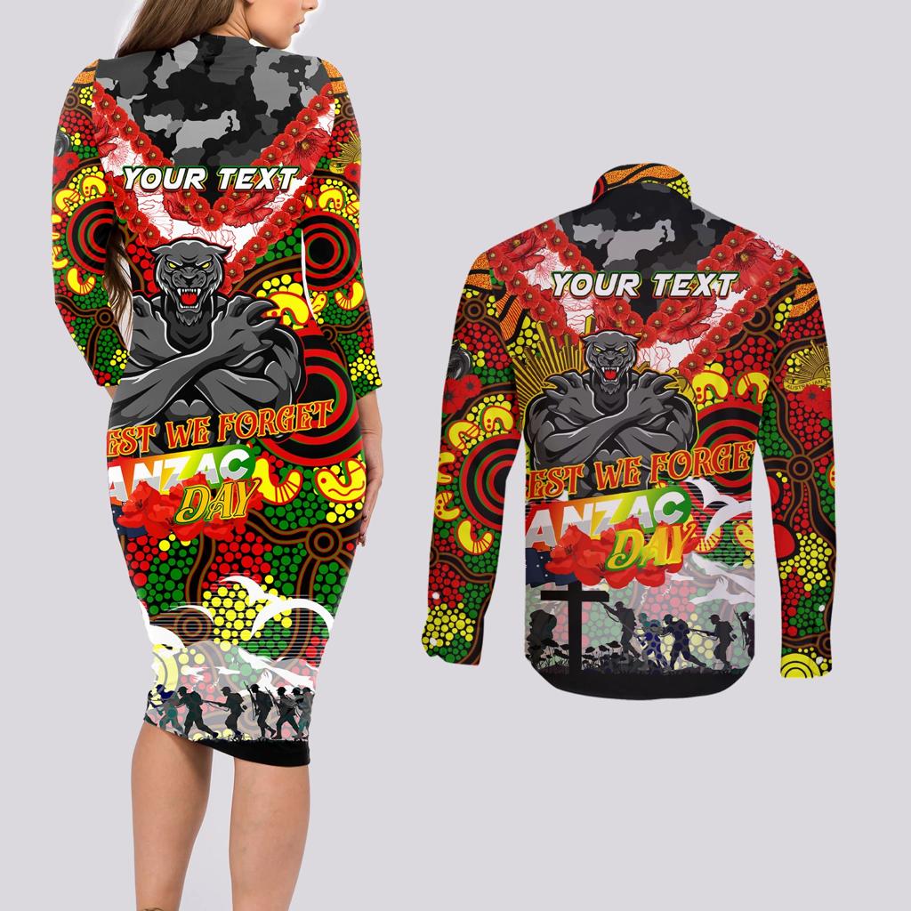 Personalised Panthers ANZAC Day Couples Matching Long Sleeve Bodycon Dress and Long Sleeve Button Shirt Aboriginal Rising Sun