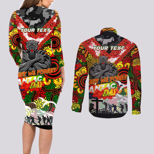 Personalised Panthers ANZAC Day Couples Matching Long Sleeve Bodycon Dress and Long Sleeve Button Shirt Aboriginal Rising Sun