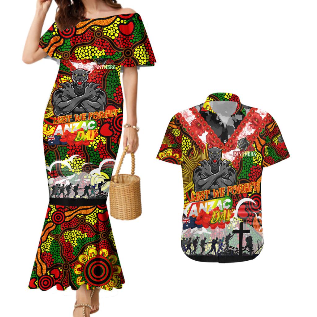 Personalised Panthers ANZAC Day Couples Matching Mermaid Dress and Hawaiian Shirt Aboriginal Rising Sun