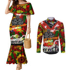 Personalised Panthers ANZAC Day Couples Matching Mermaid Dress and Long Sleeve Button Shirt Aboriginal Rising Sun