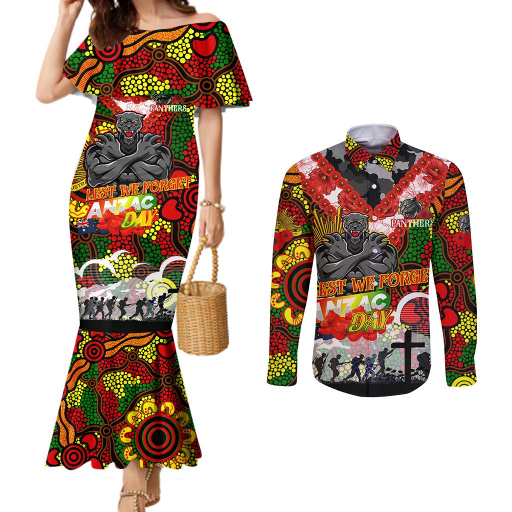 Personalised Panthers ANZAC Day Couples Matching Mermaid Dress and Long Sleeve Button Shirt Aboriginal Rising Sun