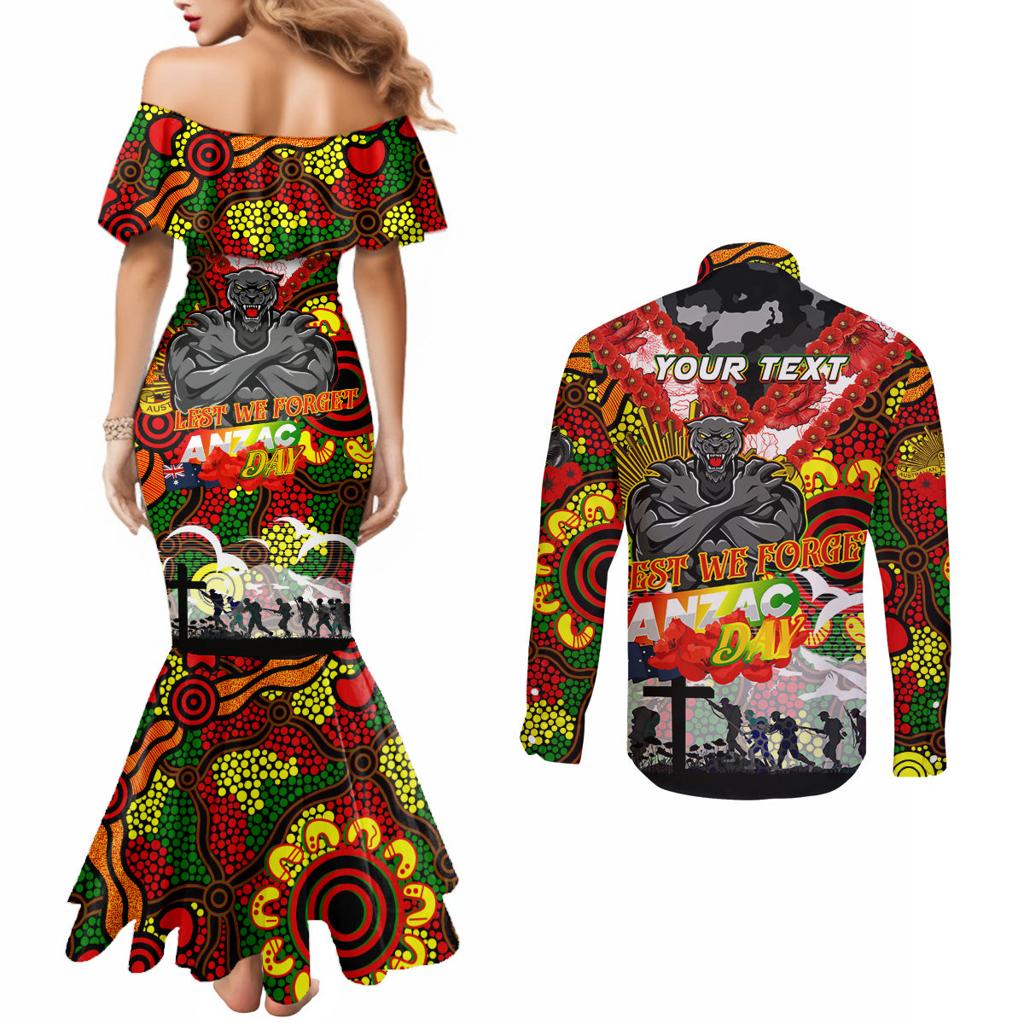 Personalised Panthers ANZAC Day Couples Matching Mermaid Dress and Long Sleeve Button Shirt Aboriginal Rising Sun