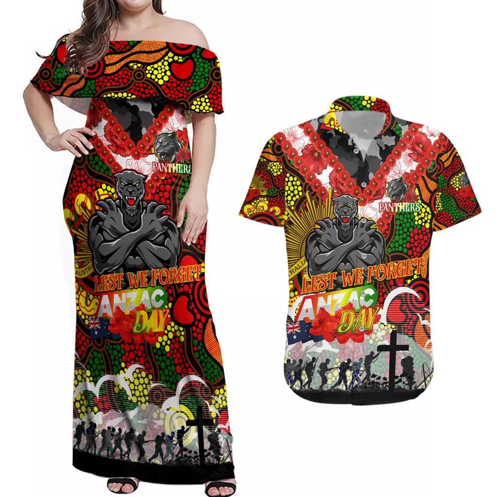 Personalised Panthers ANZAC Day Couples Matching Off Shoulder Maxi Dress and Hawaiian Shirt Aboriginal Rising Sun
