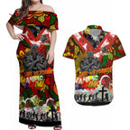 Personalised Panthers ANZAC Day Couples Matching Off Shoulder Maxi Dress and Hawaiian Shirt Aboriginal Rising Sun
