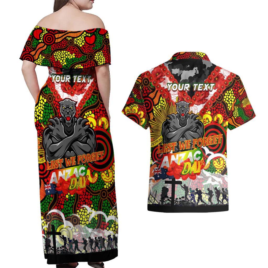 Personalised Panthers ANZAC Day Couples Matching Off Shoulder Maxi Dress and Hawaiian Shirt Aboriginal Rising Sun